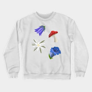 Alpine blooms - edelweiss, gentian, bellflower, fly agaric mushroom Crewneck Sweatshirt